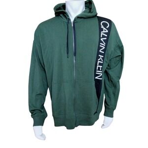 Calvin Klein Mens XL Full Zip Hoodie Forest Green Vertical Logo Sweatshirt